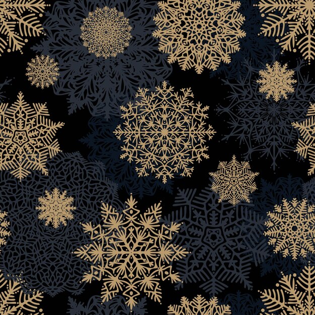 Plik wektorowy elegantny świąteczny bezszwowy wzór ze złotymi płatkami śniegu i czarnym tłem