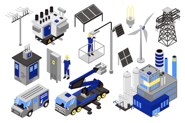 Elektryczność 3d izometryczny mega zestaw w izometrii projekt graficzny Zbiór elementów linii elektrycznej stacja transformatora panele słoneczne turbiny wiatrowe elektrycy montażystów inne Ilustracja wektorowa