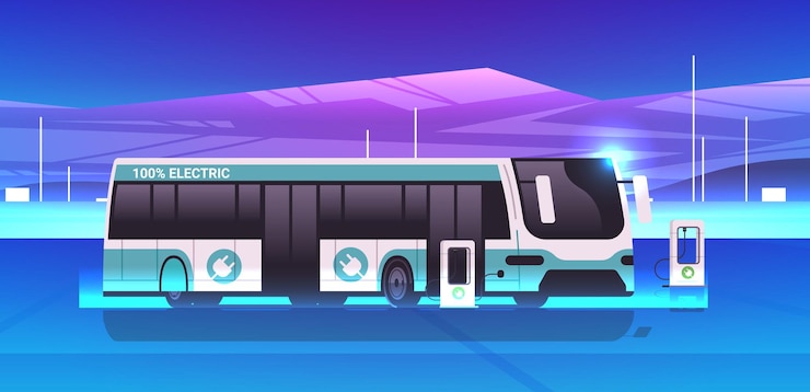 Wektor elektryczny autobus ładujący pojazd akumulatorowy przy ładowaniu ładowarki elektrowni ev zarządzanie koncepcją transportu o zerowej emisji
