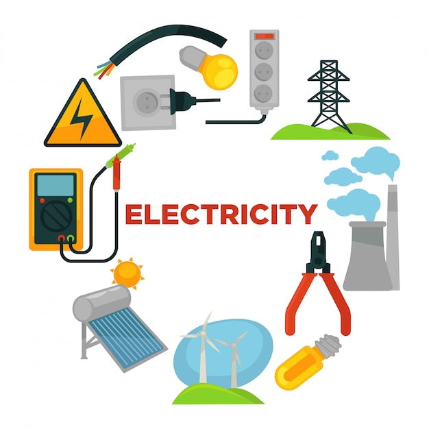 Elektryk z zestawem narzędzi otoczonym źródłami energii elektrycznej i narzędziami.