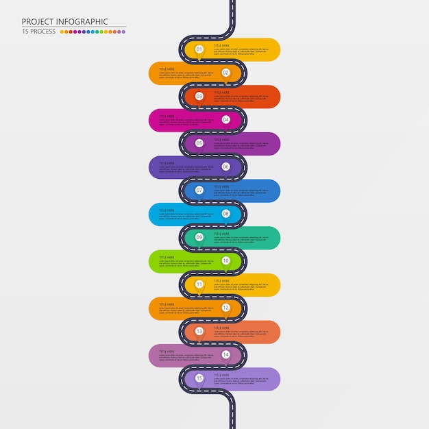 Element projektowania infograficznego mapy drogowej z 15 krokami