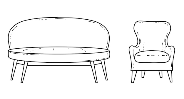 Elementem Wnętrza Jest Ręcznie Malowana Sofa Tapicerowana Z Secesyjnym Krzesłem W Stylu Doodle.