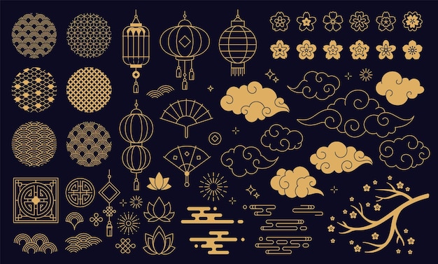 Elementy Dekoracji Chińskiego Nowego Roku, Chmury I świąteczne Lampiony. Tradycyjne Azjatyckie Wzory I Ozdoby, Zestaw Wektorów Kwiatów Sakura