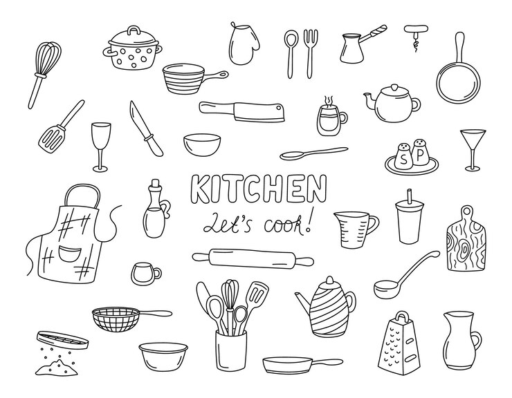 Wektor elementy doodle kuchnia izolowane ilustracje wektorowe kolekcja naczynia do gotowania zestaw naczyń kuchennych
