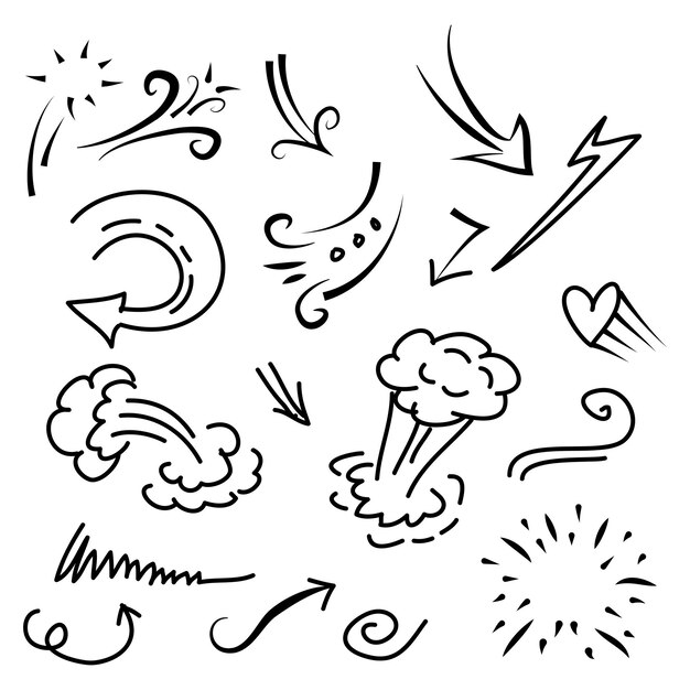 elementy doodle ręcznie narysowane zbiór strzał wiatr dmuch chmura fala wybuch miłość użycie do projektowania koncepcji izolowane na białym tle ilustracja wektorowa