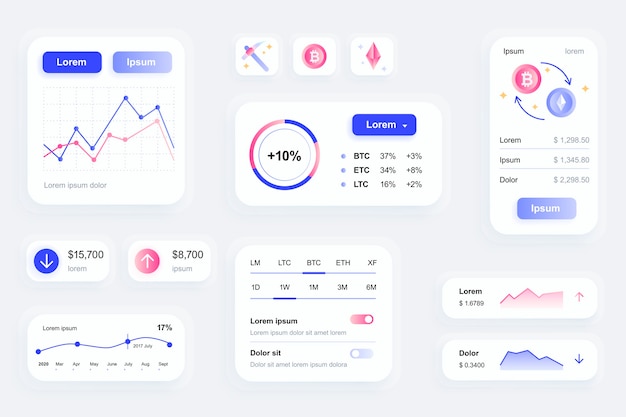 Elementy GUI dla interfejsu aplikacji mobilnej kryptowaluty, zestaw narzędzi UX