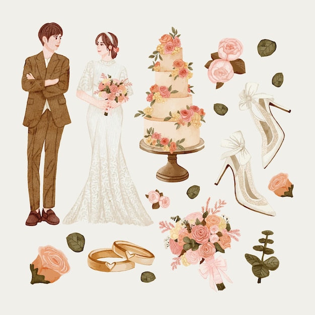 Plik wektorowy elementy ilustracji ślubnej w akwarelach