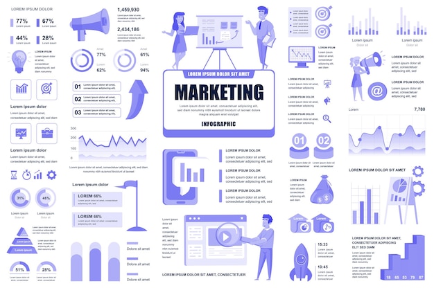 Plik wektorowy elementy infografiki marketingowej i promocyjnej schemat przepływu pracy z różnymi wykresami