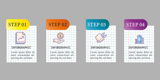 Plik wektorowy elementy infografiki z 4 krokami w czterech różnych kolorach.