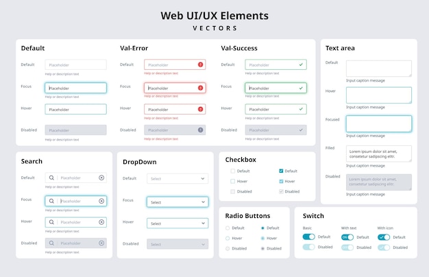 Elementy interfejsu użytkownika do projektowania stron internetowych. Elementy UI UX Design dla stron internetowych i aplikacji. Płaskie formularze projektowe.