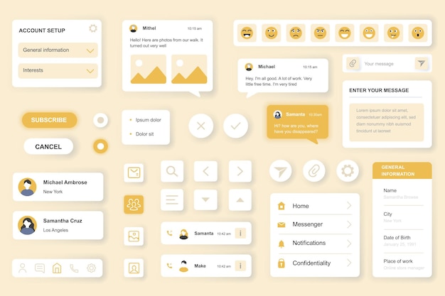 Plik wektorowy elementy interfejsu użytkownika ustawione dla aplikacji mobilnej messenger lub szablonu web kit z konfiguracją konta hud czaty emoji subskrybuj sieć biznesową kontakty online pakiet komponentów wektorowych ui ux gui