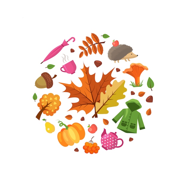 Plik wektorowy elementy jesień kreskówka i liście w kształcie koła ilustracji