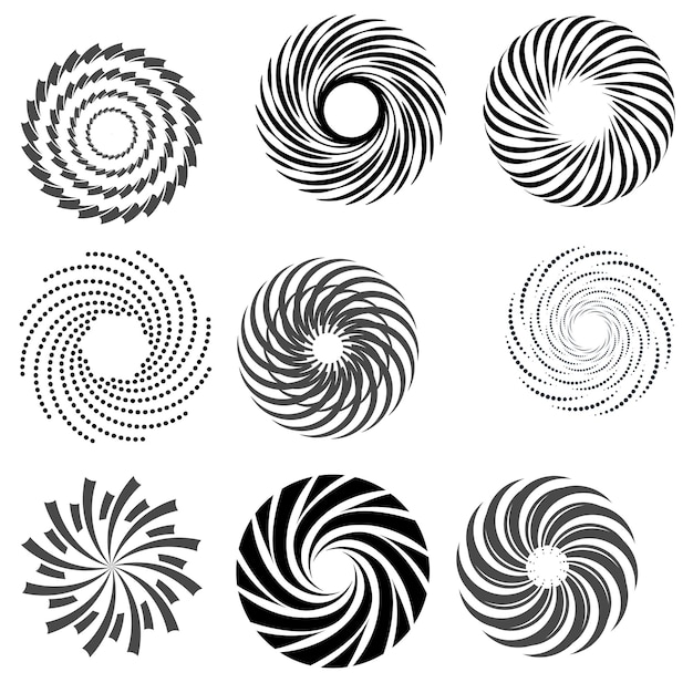 Elementy konstrukcji kręgu Zestaw elementów spiralnych Zestaw ikon spiralnych Swirl helix gyre curl loop symbo