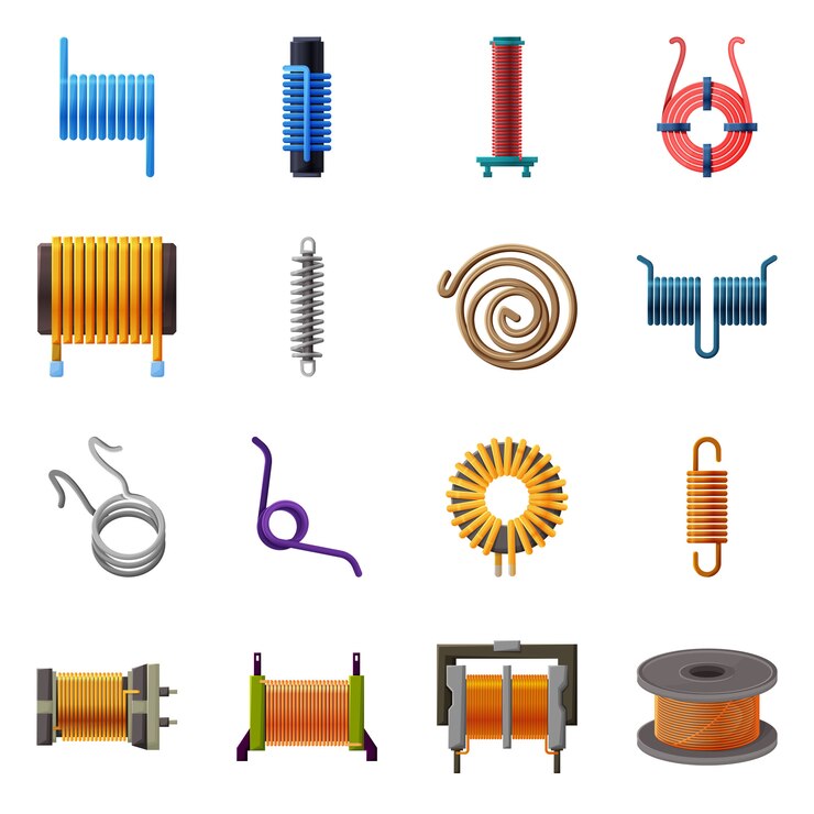Wektor elementy kreskówka cewki metalowe. zestaw elementów cewki do urządzeń elektrycznych. ilustracja na białym tle spirala szczegół.