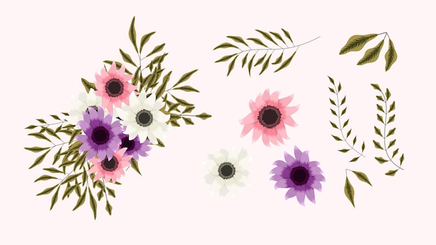 Elementy Kwiatowe Kolekcja Wiosenne Kwiaty Szczegółowe Elementy Clipart