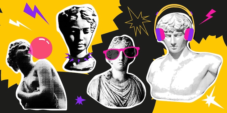 Wektor elementy projektowania kolażu w modnym stylu pop art z kropkami retro efekt półtonowy zestaw posągów