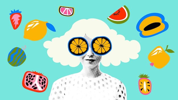 Elementy projektowe kolażu w modnym stylu pop art z kropkami Retro efekt półtonowy Dziewczyna z owocami