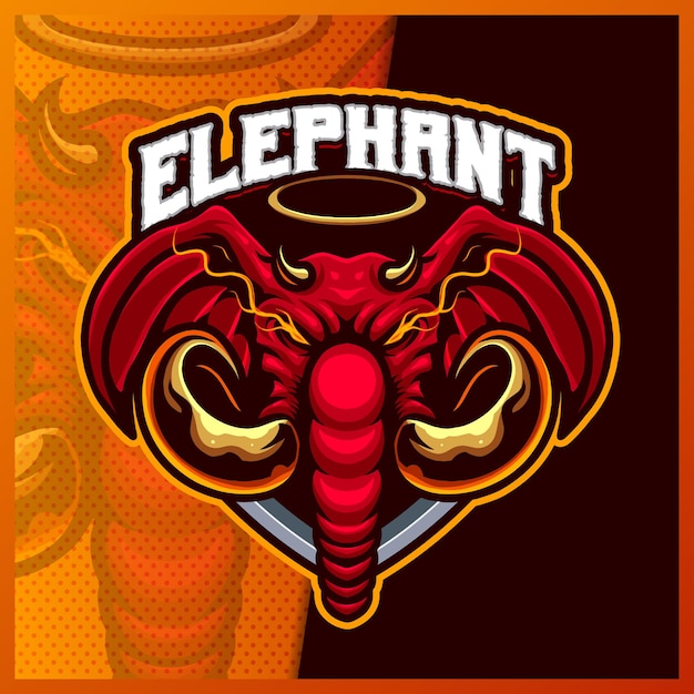 Elephant King Head Maskotka Esport Logo Design Ilustracje Szablon Wektor, Logo Korony Słonia Dla Banera Streamer Gry Zespołowej, Pełny Kolor Stylu Cartoon