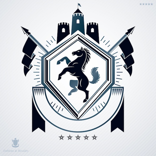 Plik wektorowy emblemat wektora vintage wykonany w heraldycznym stylu i ozdobiony średniowieczną wieżą i ilustracją konia