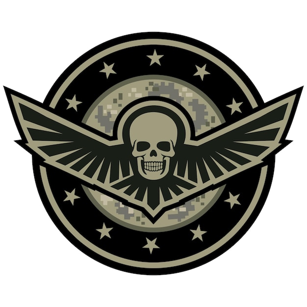Plik wektorowy emblemat wojskowy z czaszką i skrzydłamicyfrowe koszulki w kamuflażu