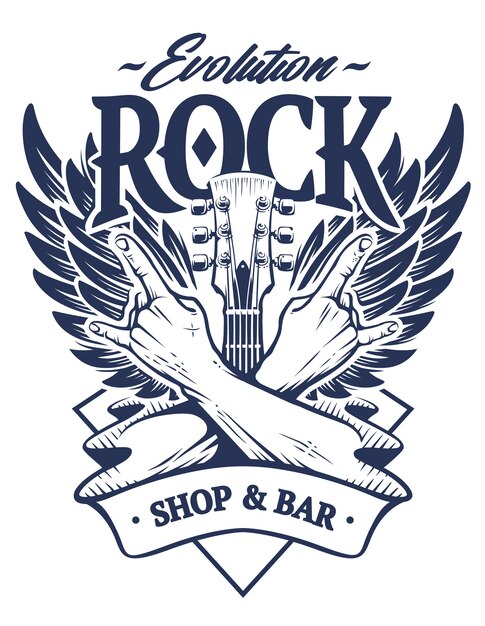 emblemat ze skrzyżowanymi rękami znak rock n roll gest, gryf i skrzydła gitary. Szablon godło monochromatyczne rock.