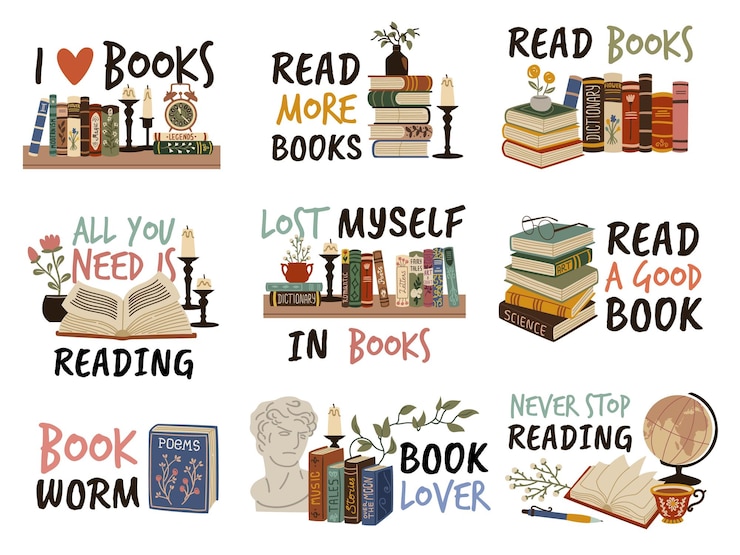 Wektor emblemy czytania książki z uroczymi zwrotami etykiety biblioteki przytulne cytaty ręcznie narysowane półki retro literatura wiersze i opowiadania poezja i podręczniki porządny wektorowy zestaw kreskówek w stylu płaskim