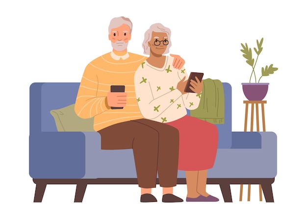 Plik wektorowy emeryci siedzący na kanapie za pomocą smartfonów