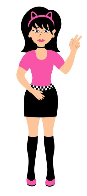 Plik wektorowy emo nastolatka z kreskówek młoda kobieta z czarnymi włosami mini spódnica koszulka kociaka wstążka do włosów styl y2k 2000