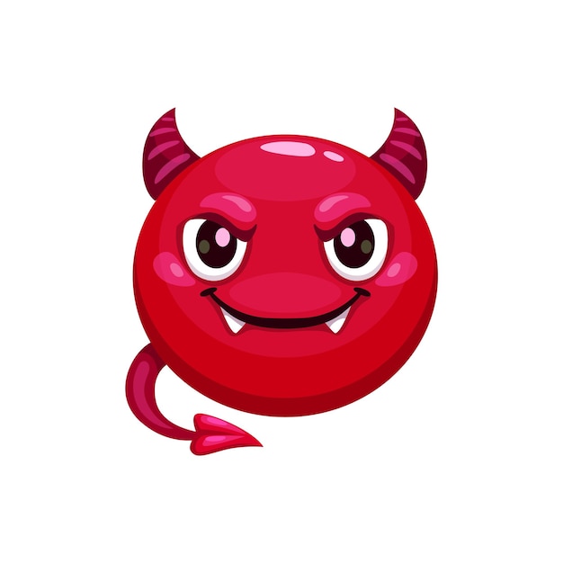 Plik wektorowy emoji animowanego diabła halloween przedstawia psotną, szczerzącą się twarz z diabelskimi rogami i złowrogim uśmiechem używanym do przekazywania zabawnych lub niegodziwych zamiarów w wiadomościach izolowana wektorowa czerwona twarz chochlika