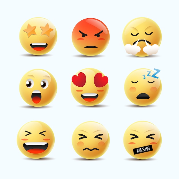 Emoji Feeling Faces Vector. Komunikat Czat Elementy W żółtej Bańki Twarzy 3d Bańki.