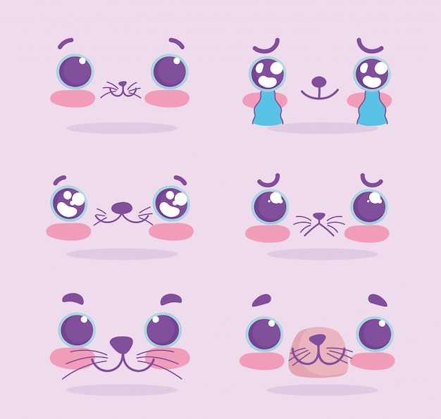 Emoji kawaii kot kreskówka zestaw wyraz twarzy
