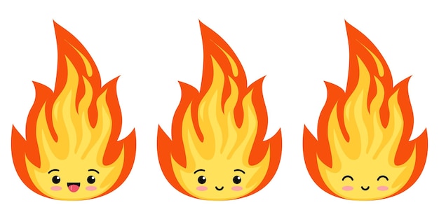 Emoji Ogień Płomienie Zestaw Ikon Na Białym Tle Na Białym Tle Hot Kreskówka Płomień Energii Emotikon Znak Płonące Symbole Płaska Konstrukcja Wektor Ilustracja Znaków Kawaii