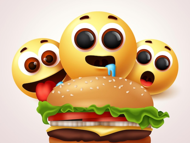 Emojis głodny burgera wektor znaków Emoji głodnych i głodnych wyrazów twarzy