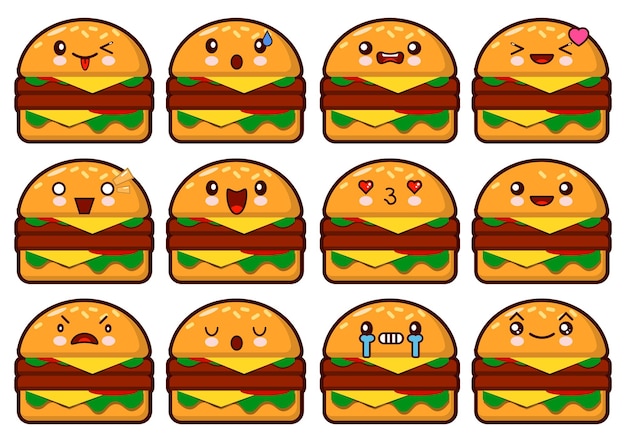 Emotikon Twarz Hamburgera Na Białym Tle Kolekcja Różnych Emocji Ilustracja Wektorowa Emotikon