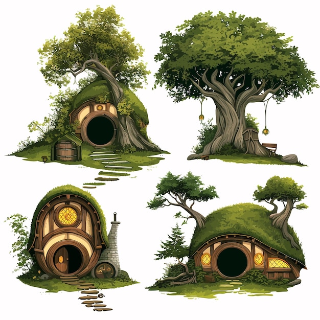 Plik wektorowy enchanting_set_of_trees_and_hobbit_tree_house