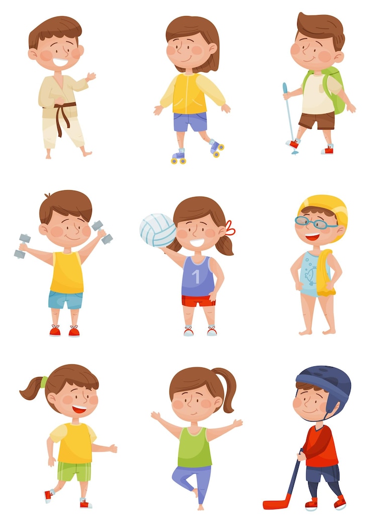 Wektor energiczne dzieci wykonujące różne rodzaje sportów zestaw ilustracji wektorowych