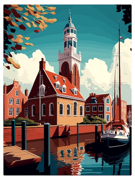 Plik wektorowy enkhuizen holandia vintage plakat podróżniczy pamiątkowa pocztówka portret malarstwo wpa ilustracja