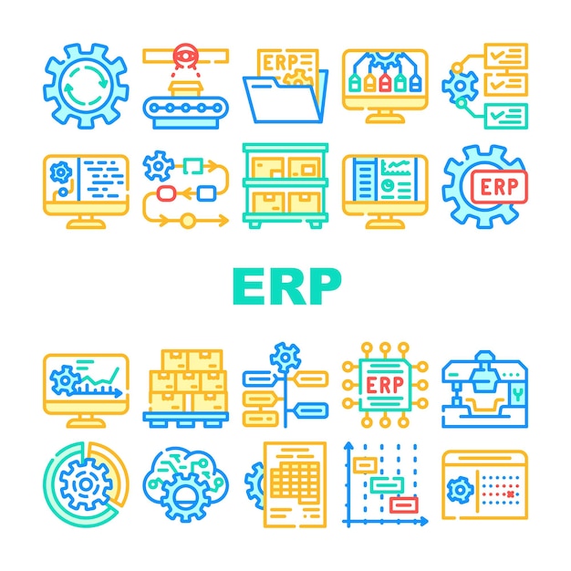 Plik wektorowy erp enterprise resource planning ikony ustaw wektor erp proces pracy i towary kontrola produkcji przedziały czasowe i ostateczny system raportowania i organizacja linia kolor ilustracje