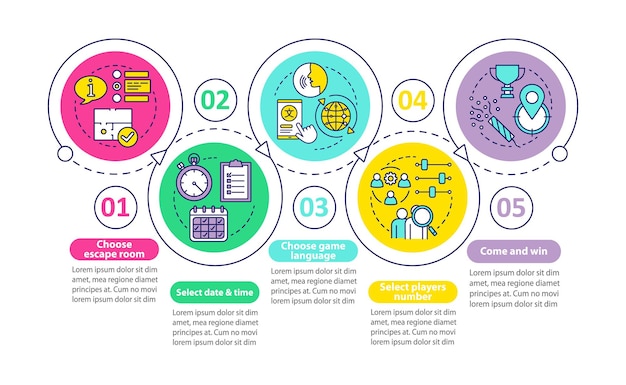 Escape Room Rezerwacja Wektor Infografika Szablon. Wybierz Datę I Godzinę Zadania. Elementy Projektu Prezentacji. Wizualizacja Danych W Pięciu Krokach. Wykres Osi Czasu Procesu. Układ Przepływu Pracy Z Ikonami Liniowymi