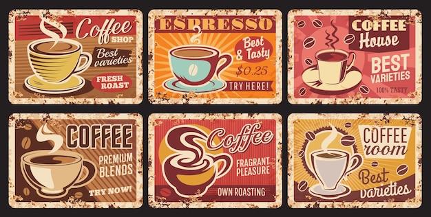 Espresso w kawiarni, blaszana tabliczka z kawiarnią, kawiarnia lub restauracja gorące napoje zardzewiały metalowy talerz