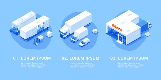 Etap Schematu Infografiki Procesu Logistycznego Z Miejscem Na Tekst Izometryczny Ilustracji Wektorowych
