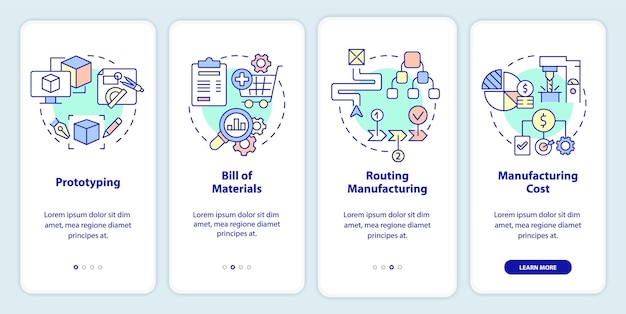 Etapy produkcji Wdrażanie ekranu aplikacji mobilnej Opis procesu produkcyjnego 4 kroki z instrukcjami graficznymi Strony z koncepcjami liniowymi Szablon UI UX GUI Myriad ProBold Użyte zwykłe czcionki