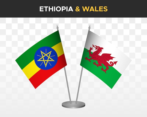 Etiopia vs walia flagi na biurko makieta na białym tle 3d wektor ilustracja flagi stołowe