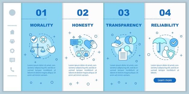 Etyka Biznesowa Onboarding Mobilnych Stron Internetowych Szablon Wektor. Polityka Korporacyjna. Responsywny Pomysł Na Interfejs Strony Internetowej Dla Smartfonów Z Liniowymi Ilustracjami. Ekrany Kroków Przewodnika Po Stronie Internetowej. Koncepcja Kolorystyczna