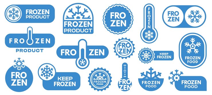 Wektor etykieta produktu mrożonego utrzymuj ikony zamrożonego z płatkiem śniegu, lodem i mięsem pakiet mrożonej żywności wskaźnik temperatury chłodzenia zestaw wektorowy