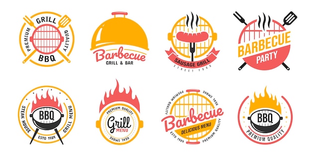 Etykiety do grilla i grilla, odznaki, logo i emblematy. Ustaw ilustracje wektorowe. Steki. Steak house restauracja elementy projektu ulotki lub plakatu na czarnym tle.