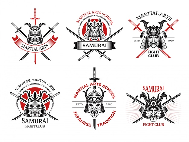 Plik wektorowy etykiety maski samuraja. japonia wściekłe twarze na projekty zbroi wojowników tatuaż logo projekty