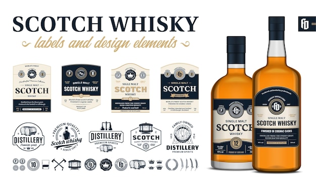 Etykiety, odznaki, ikony i elementy projektowe wektorowej whisky szkockiej