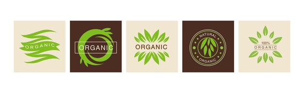 Etykiety Produktów Organicznych I Naturalnych Oraz Godło Z Zestawem Wektorów Zielonych Liści