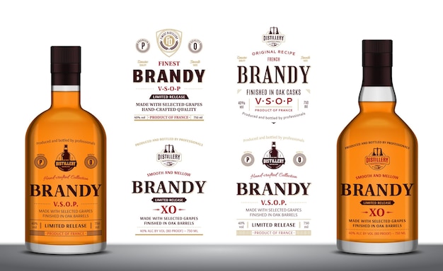 Etykiety wektorowe do brandy i modele butelek